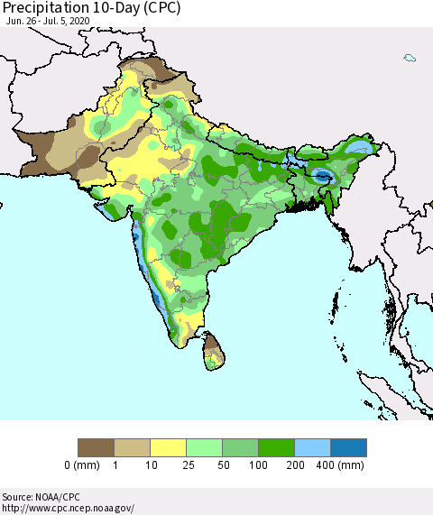 Southern Asia Precipitation 10-Day (CPC) Thematic Map For 6/26/2020 - 7/5/2020