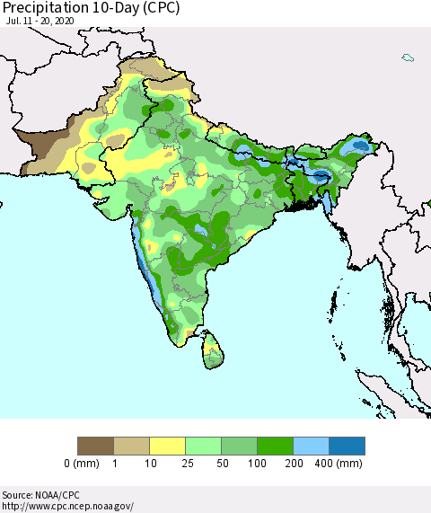 Southern Asia Precipitation 10-Day (CPC) Thematic Map For 7/11/2020 - 7/20/2020