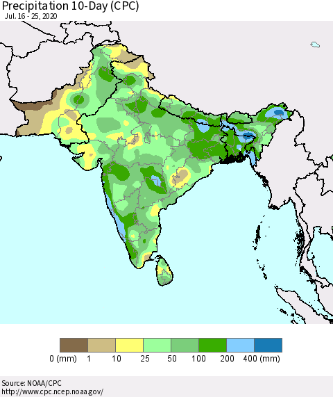 Southern Asia Precipitation 10-Day (CPC) Thematic Map For 7/16/2020 - 7/25/2020