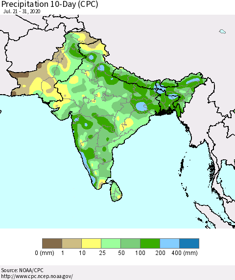 Southern Asia Precipitation 10-Day (CPC) Thematic Map For 7/21/2020 - 7/31/2020