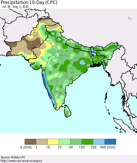 Southern Asia Precipitation 10-Day (CPC) Thematic Map For 7/26/2020 - 8/5/2020