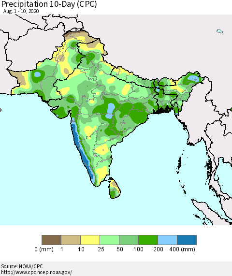 Southern Asia Precipitation 10-Day (CPC) Thematic Map For 8/1/2020 - 8/10/2020