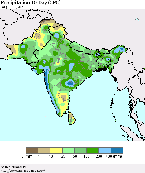 Southern Asia Precipitation 10-Day (CPC) Thematic Map For 8/6/2020 - 8/15/2020