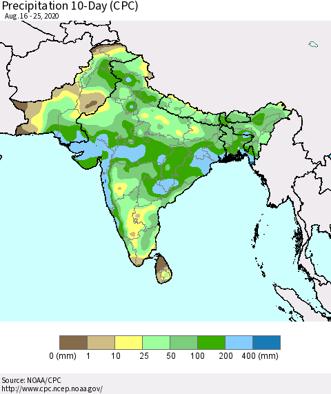 Southern Asia Precipitation 10-Day (CPC) Thematic Map For 8/16/2020 - 8/25/2020