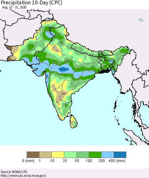 Southern Asia Precipitation 10-Day (CPC) Thematic Map For 8/21/2020 - 8/31/2020