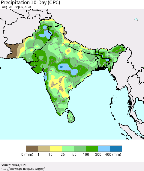 Southern Asia Precipitation 10-Day (CPC) Thematic Map For 8/26/2020 - 9/5/2020
