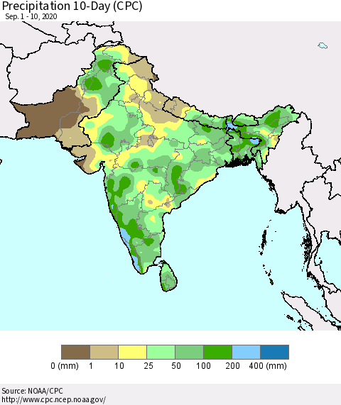 Southern Asia Precipitation 10-Day (CPC) Thematic Map For 9/1/2020 - 9/10/2020