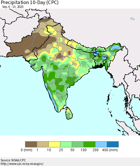 Southern Asia Precipitation 10-Day (CPC) Thematic Map For 9/6/2020 - 9/15/2020