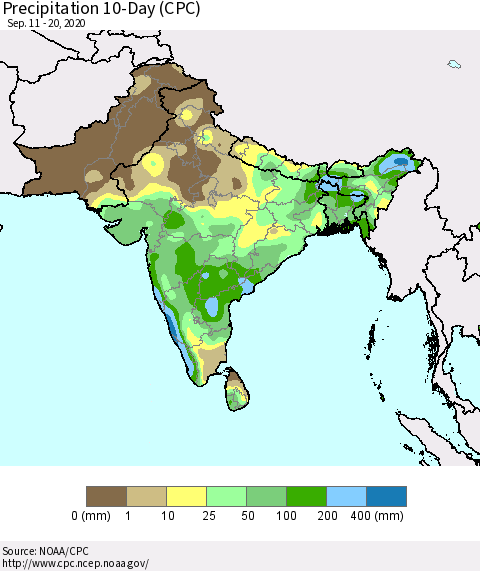 Southern Asia Precipitation 10-Day (CPC) Thematic Map For 9/11/2020 - 9/20/2020