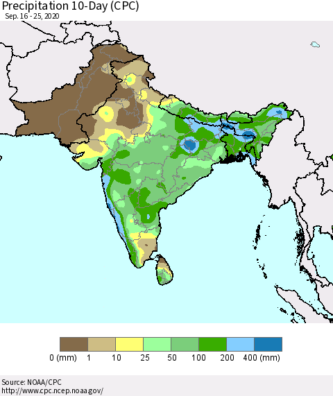 Southern Asia Precipitation 10-Day (CPC) Thematic Map For 9/16/2020 - 9/25/2020