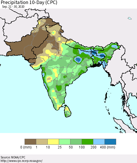 Southern Asia Precipitation 10-Day (CPC) Thematic Map For 9/21/2020 - 9/30/2020