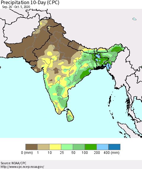 Southern Asia Precipitation 10-Day (CPC) Thematic Map For 9/26/2020 - 10/5/2020