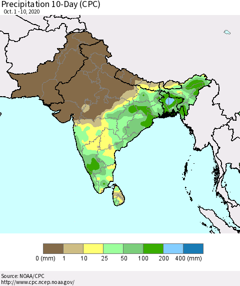 Southern Asia Precipitation 10-Day (CPC) Thematic Map For 10/1/2020 - 10/10/2020
