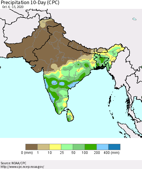 Southern Asia Precipitation 10-Day (CPC) Thematic Map For 10/6/2020 - 10/15/2020