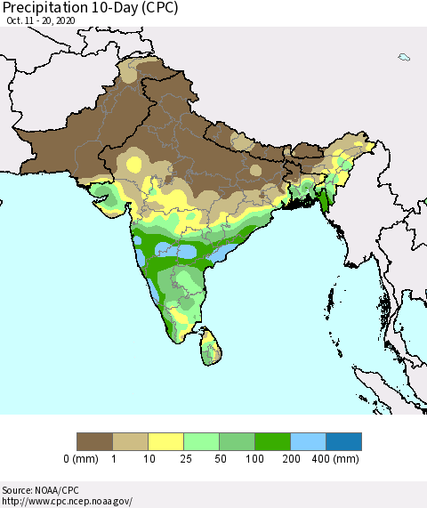 Southern Asia Precipitation 10-Day (CPC) Thematic Map For 10/11/2020 - 10/20/2020
