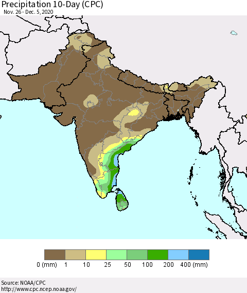 Southern Asia Precipitation 10-Day (CPC) Thematic Map For 11/26/2020 - 12/5/2020
