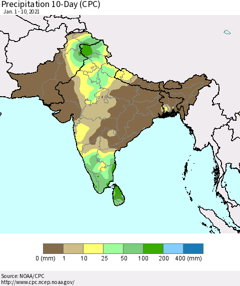 Southern Asia Precipitation 10-Day (CPC) Thematic Map For 1/1/2021 - 1/10/2021