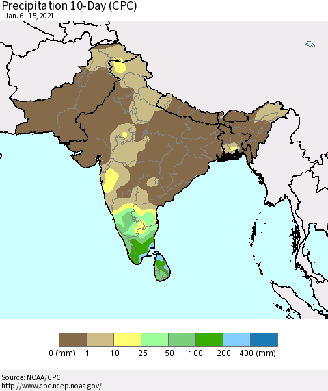 Southern Asia Precipitation 10-Day (CPC) Thematic Map For 1/6/2021 - 1/15/2021