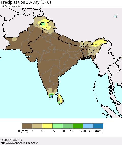 Southern Asia Precipitation 10-Day (CPC) Thematic Map For 1/16/2021 - 1/25/2021