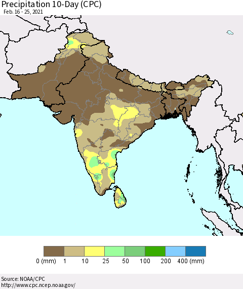 Southern Asia Precipitation 10-Day (CPC) Thematic Map For 2/16/2021 - 2/25/2021