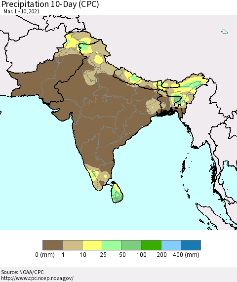 Southern Asia Precipitation 10-Day (CPC) Thematic Map For 3/1/2021 - 3/10/2021
