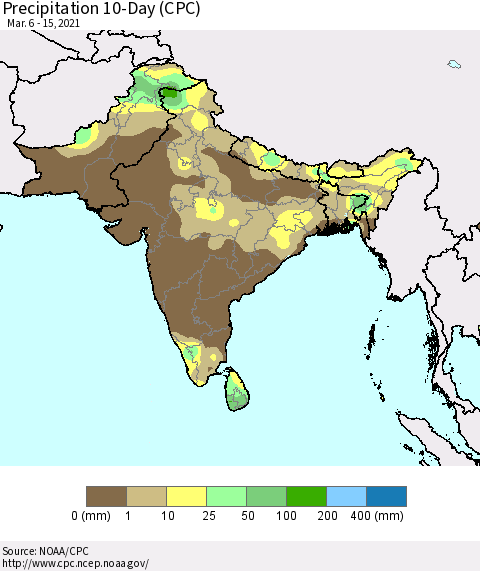 Southern Asia Precipitation 10-Day (CPC) Thematic Map For 3/6/2021 - 3/15/2021