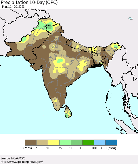 Southern Asia Precipitation 10-Day (CPC) Thematic Map For 3/11/2021 - 3/20/2021
