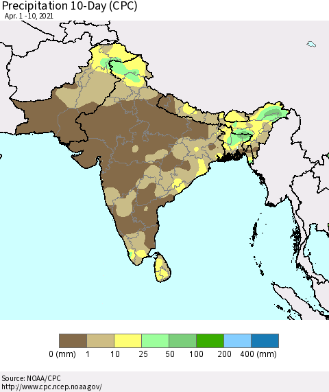 Southern Asia Precipitation 10-Day (CPC) Thematic Map For 4/1/2021 - 4/10/2021