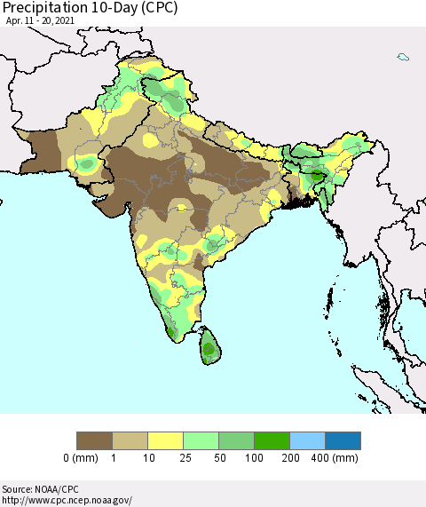 Southern Asia Precipitation 10-Day (CPC) Thematic Map For 4/11/2021 - 4/20/2021