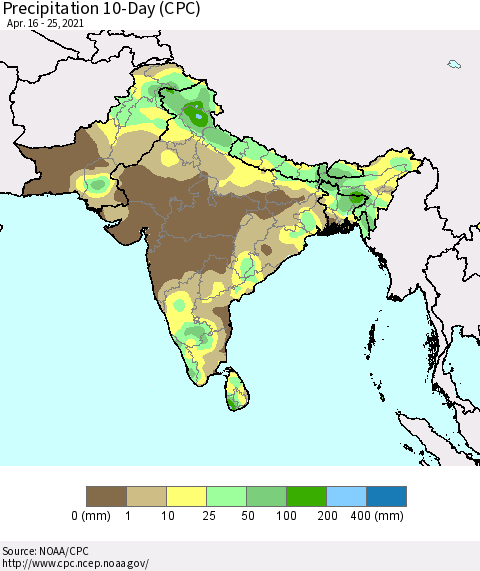 Southern Asia Precipitation 10-Day (CPC) Thematic Map For 4/16/2021 - 4/25/2021