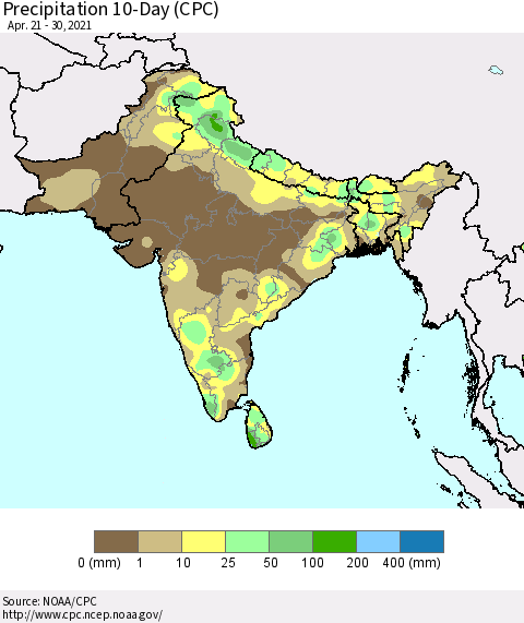 Southern Asia Precipitation 10-Day (CPC) Thematic Map For 4/21/2021 - 4/30/2021