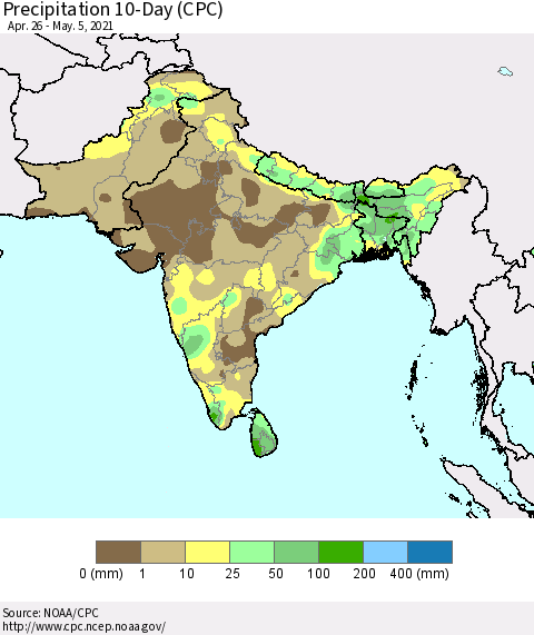 Southern Asia Precipitation 10-Day (CPC) Thematic Map For 4/26/2021 - 5/5/2021