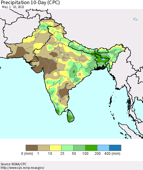 Southern Asia Precipitation 10-Day (CPC) Thematic Map For 5/1/2021 - 5/10/2021