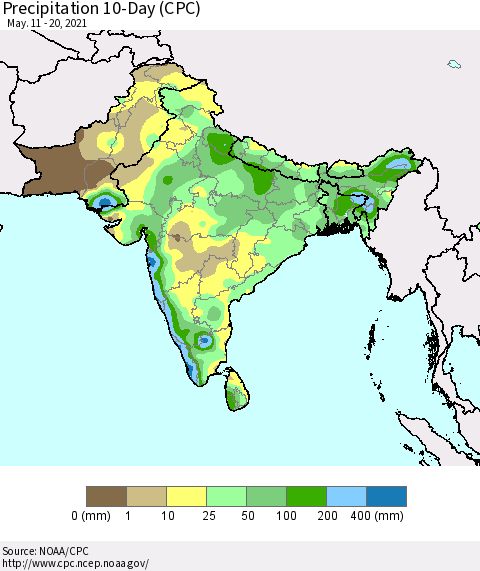 Southern Asia Precipitation 10-Day (CPC) Thematic Map For 5/11/2021 - 5/20/2021