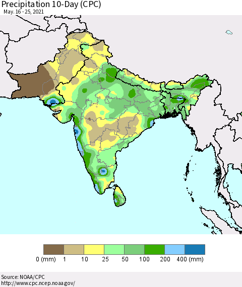 Southern Asia Precipitation 10-Day (CPC) Thematic Map For 5/16/2021 - 5/25/2021