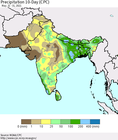 Southern Asia Precipitation 10-Day (CPC) Thematic Map For 5/21/2021 - 5/31/2021