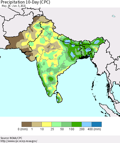 Southern Asia Precipitation 10-Day (CPC) Thematic Map For 5/26/2021 - 6/5/2021