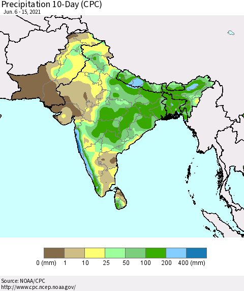 Southern Asia Precipitation 10-Day (CPC) Thematic Map For 6/6/2021 - 6/15/2021