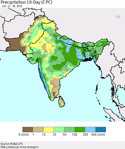 Southern Asia Precipitation 10-Day (CPC) Thematic Map For 6/11/2021 - 6/20/2021
