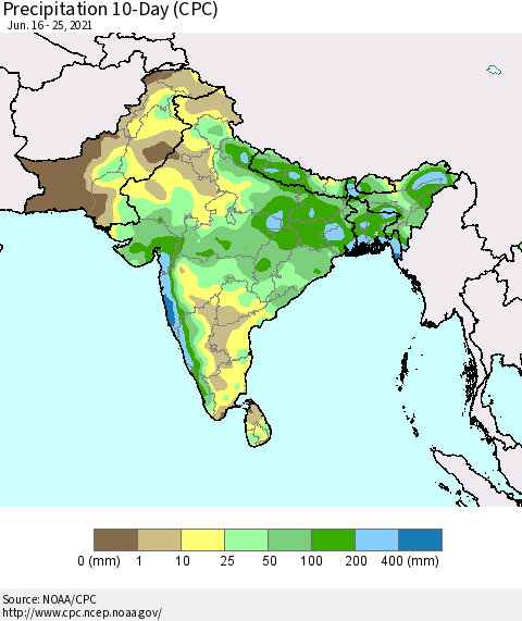 Southern Asia Precipitation 10-Day (CPC) Thematic Map For 6/16/2021 - 6/25/2021