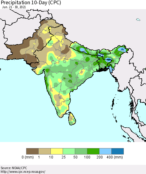Southern Asia Precipitation 10-Day (CPC) Thematic Map For 6/21/2021 - 6/30/2021