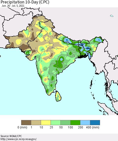 Southern Asia Precipitation 10-Day (CPC) Thematic Map For 6/26/2021 - 7/5/2021