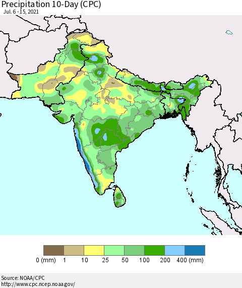 Southern Asia Precipitation 10-Day (CPC) Thematic Map For 7/6/2021 - 7/15/2021