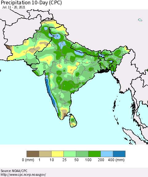 Southern Asia Precipitation 10-Day (CPC) Thematic Map For 7/11/2021 - 7/20/2021