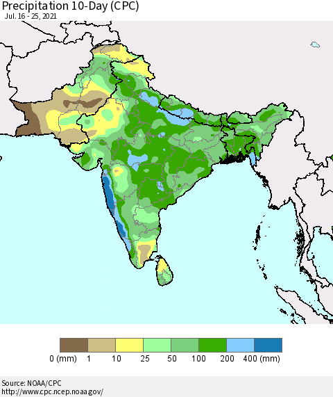 Southern Asia Precipitation 10-Day (CPC) Thematic Map For 7/16/2021 - 7/25/2021