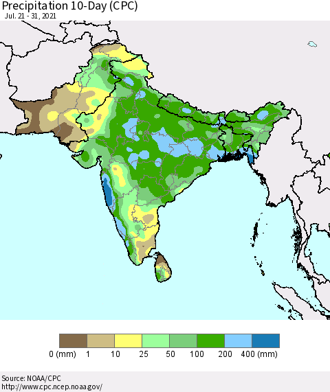Southern Asia Precipitation 10-Day (CPC) Thematic Map For 7/21/2021 - 7/31/2021