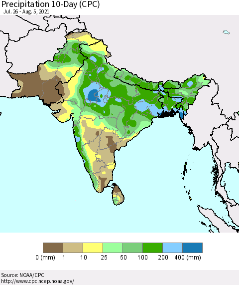 Southern Asia Precipitation 10-Day (CPC) Thematic Map For 7/26/2021 - 8/5/2021