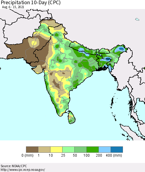 Southern Asia Precipitation 10-Day (CPC) Thematic Map For 8/6/2021 - 8/15/2021