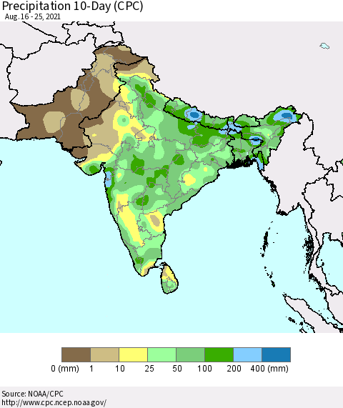 Southern Asia Precipitation 10-Day (CPC) Thematic Map For 8/16/2021 - 8/25/2021