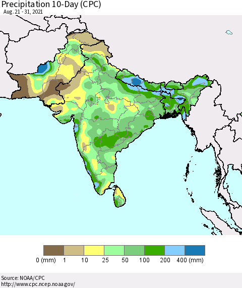 Southern Asia Precipitation 10-Day (CPC) Thematic Map For 8/21/2021 - 8/31/2021